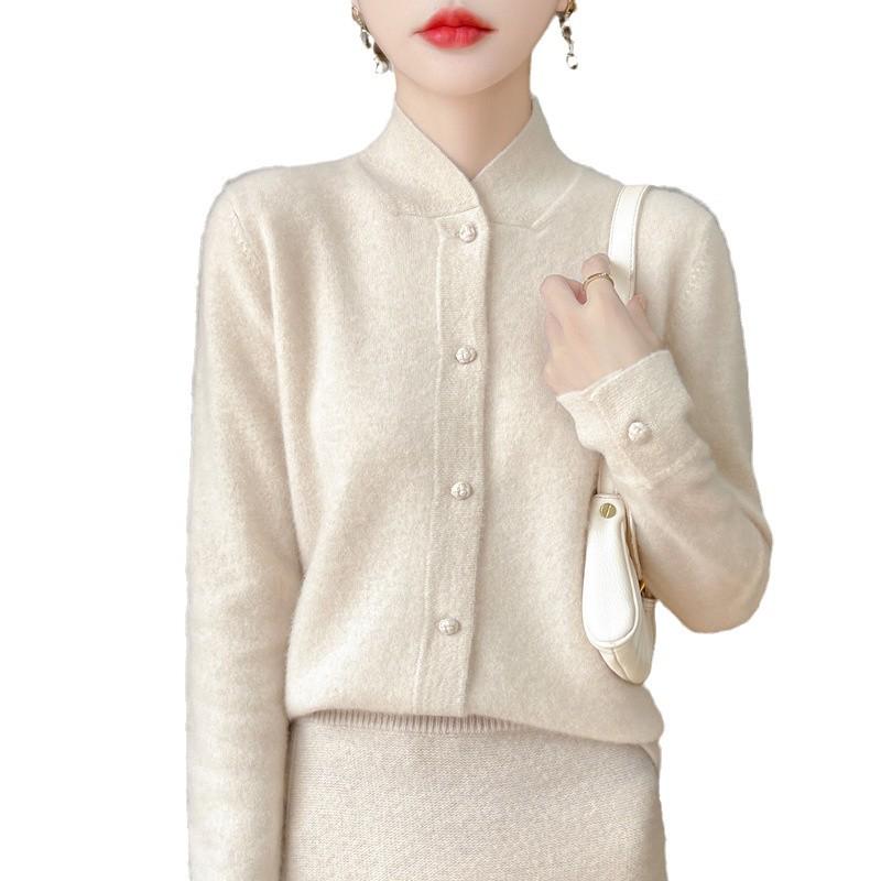 2024 Women's Stand Collar Wool Knit Qipao Cardigan - Casual Versatile Solid Color Sweater for Autumn/Winter