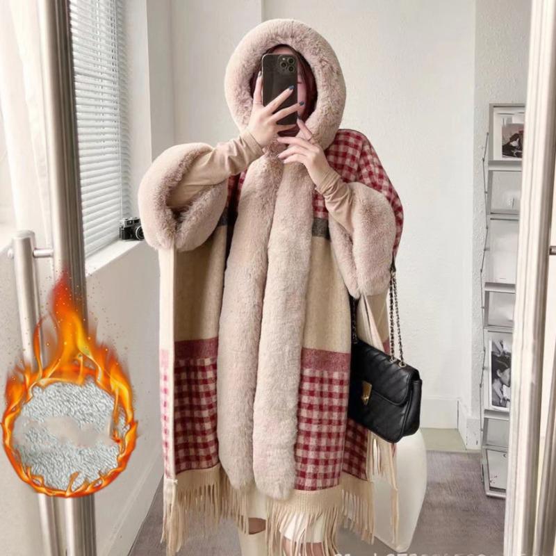 Faux Rabbit Fur Capes Coats Women Plaid Poncho Jackets Tassel Hooded Batwing Sleeves Open Stitch Loose Casual Autumn Winter