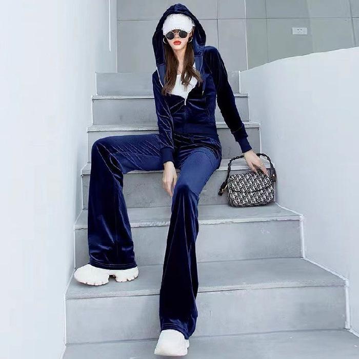 Golden Velvet Women's Casual Sports Suit: Autumn Petite Fashion Sweatshirt & Flared Pants Two-Piece Set