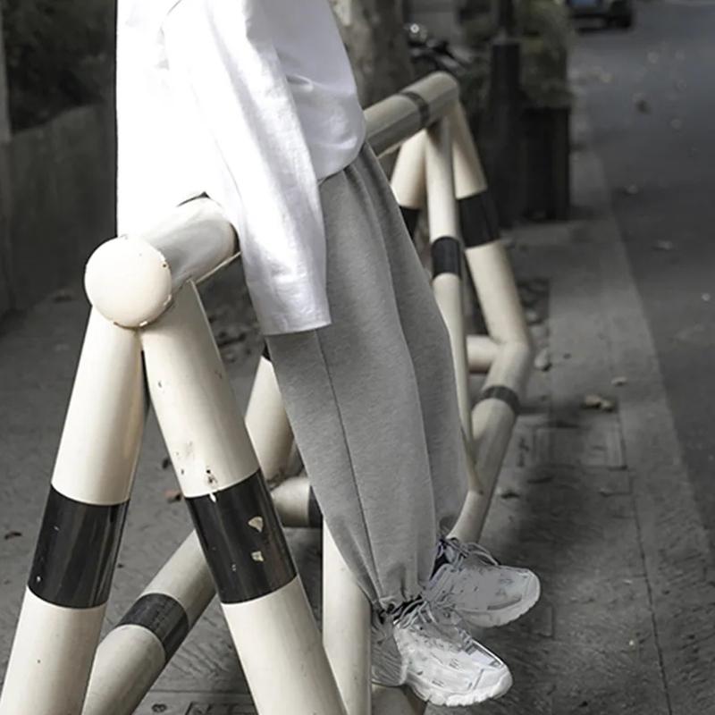 WTEMPO Casual Black Grey Long Pants Women Loose Solid Wide Leg Drawstring Pants Ulzzang All-match Jogger Pants Streetwear