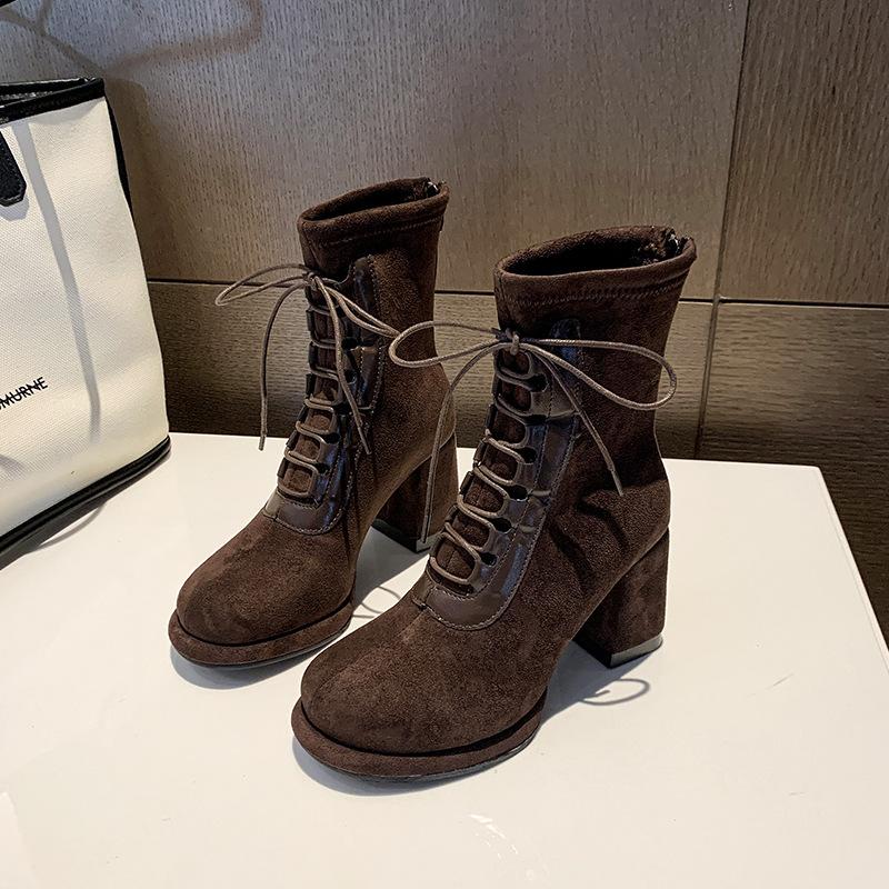 Women's heightening rough cotton round head suede new small back zipper boots straps autumn and winter fashion boots high heel