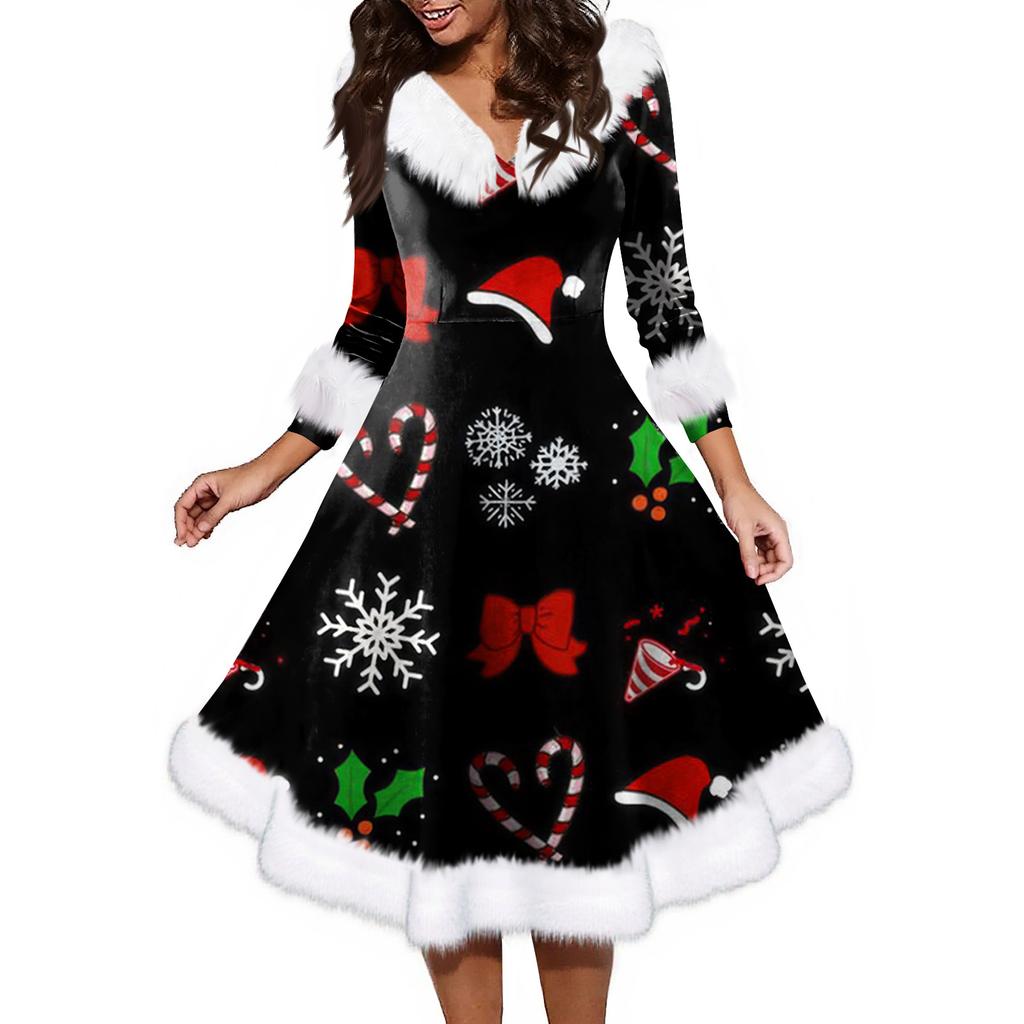 Women's Fashion V-neck Casual Fit Christmas Print Party Long Sleeve Dress