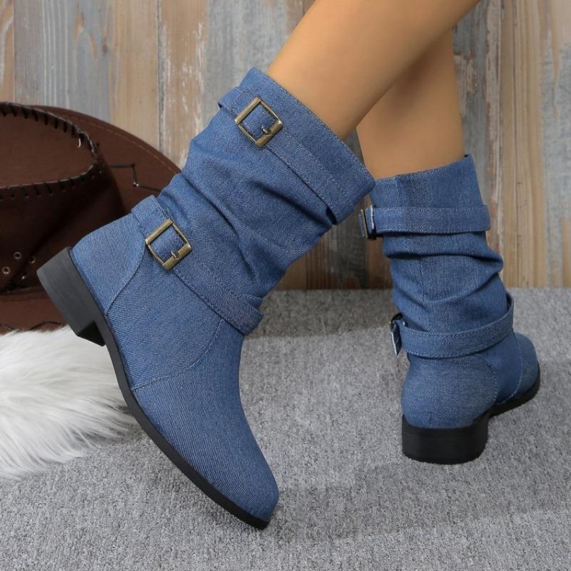 Belt Buckle Shoes, Round Toe Thick-soled Mid-calf Boots, Women's Flat Low-heeled Boots