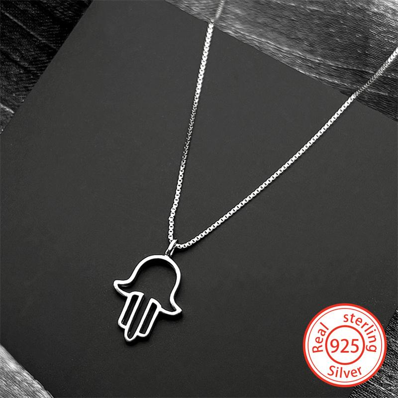 Luxury 925 Sterling Silver Hollow Hamsa Hand CZ Pendant Necklace for Women Simple Hand of Fatima Islamic Clavicle Chain Jewelry