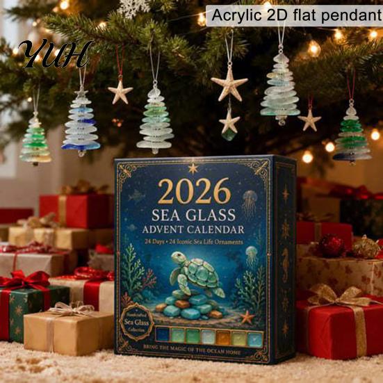 Festive Desktop Ornaments Sea Glass Marine Life Advent Calendar, 24 Day Countdown Box Home Decor with Ocean Animal Acrylic Ornaments, Tree Hanging