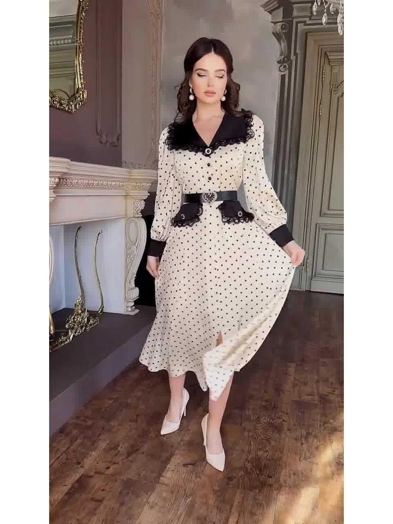 Sommer 2024 Slim Fit Polka Dot Kleid mit Spitzenbesatz & Peter Pan Kragen