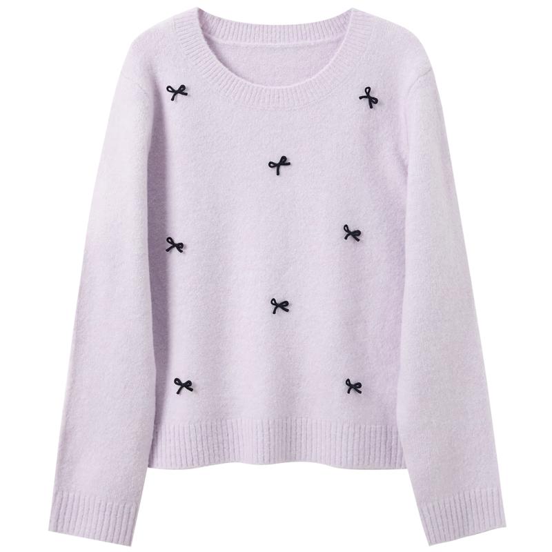 Sancai Plus Size Ribbed Knit Sweater with Bow L