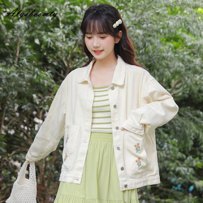 Japanese Style Spring Autumn Women Oversized Coat Turn-Down Collar Baggy Beige Denim Jacket Floral Embroidery Big Pocket Ladies' Outerwear