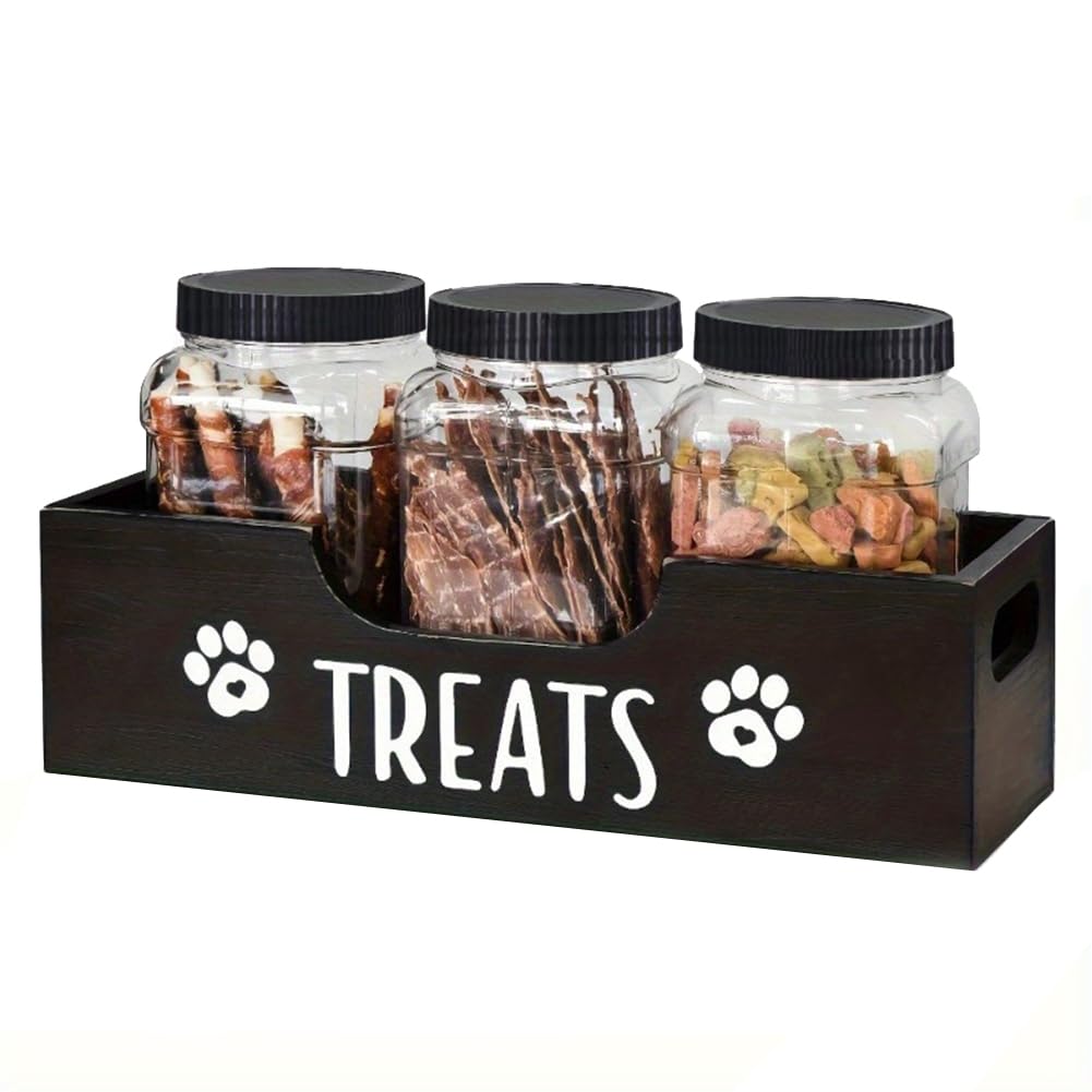 Countertop dog treat storage jars, pet snack storage boxes, includes 3 treat jars and a wooden pet treat container, pet food organizer Pack of 1 чёрный