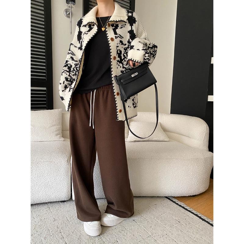 Sinan SN8388 Soft Mulberry Silk Wool Blend Drawstring Wide-Leg Pants Large коричневый