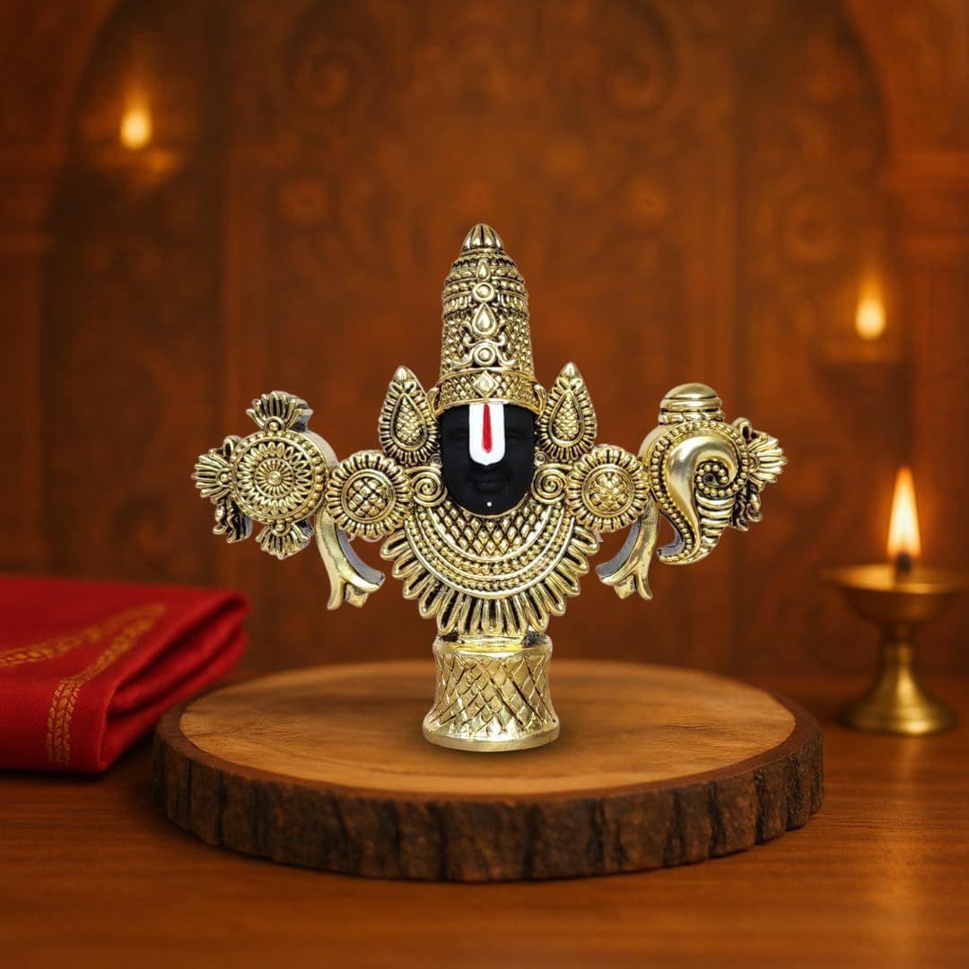 

Lord Venkateswara Balaji Face Idol | Decorative Tirupati Balaji Statue for Home Mandir & Pooja Room | 4.5 x 5.3 inch | Antique Gold Matte Finish Murti