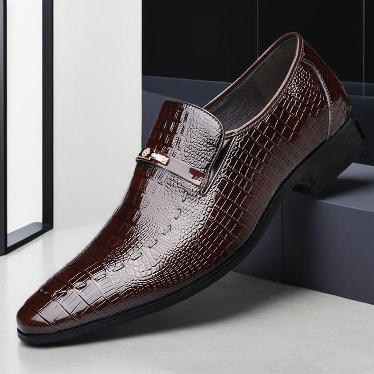 Men'S Croc-Embossed Patent Leather Dress Shoes Wide Width Pointed Toe Slip-On Business Formal Comfort Non-Slip Office Wedding