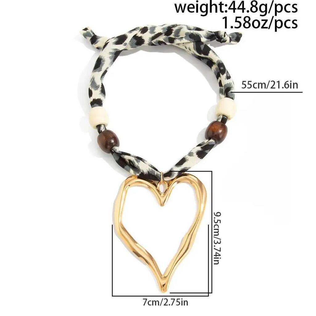 SHIXIN 2 Styles Fashion Hollow Big Love Heart Pendant Necklace for Women Vintage Leopard Chiffon Wood Bead Choker Necklace Gift