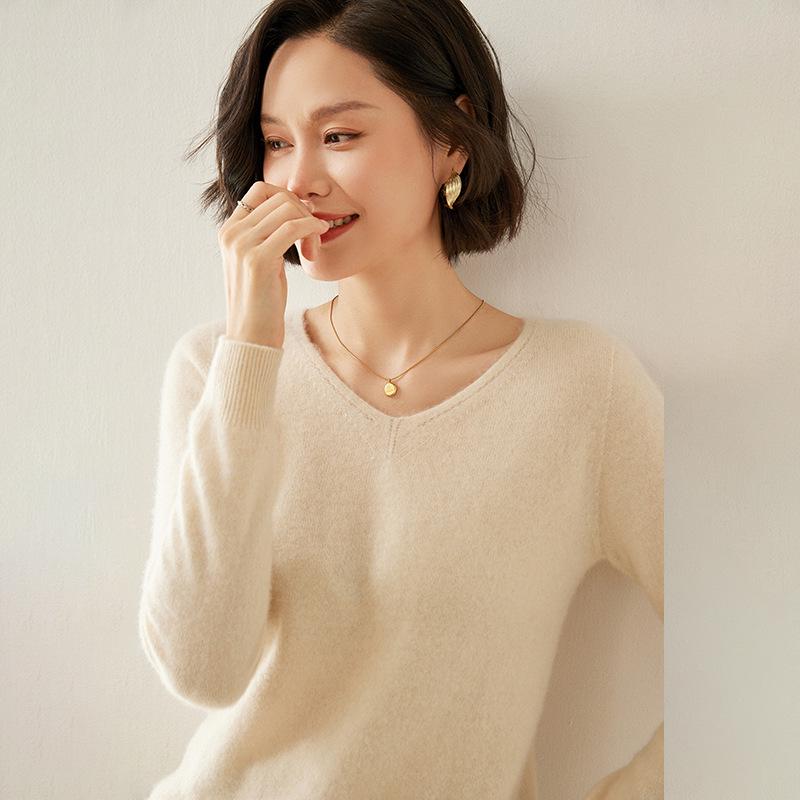 Women's V-Neck Cashmere Sweater - Slim Fit, Hollow Knit Pullover for Autumn/Winter
