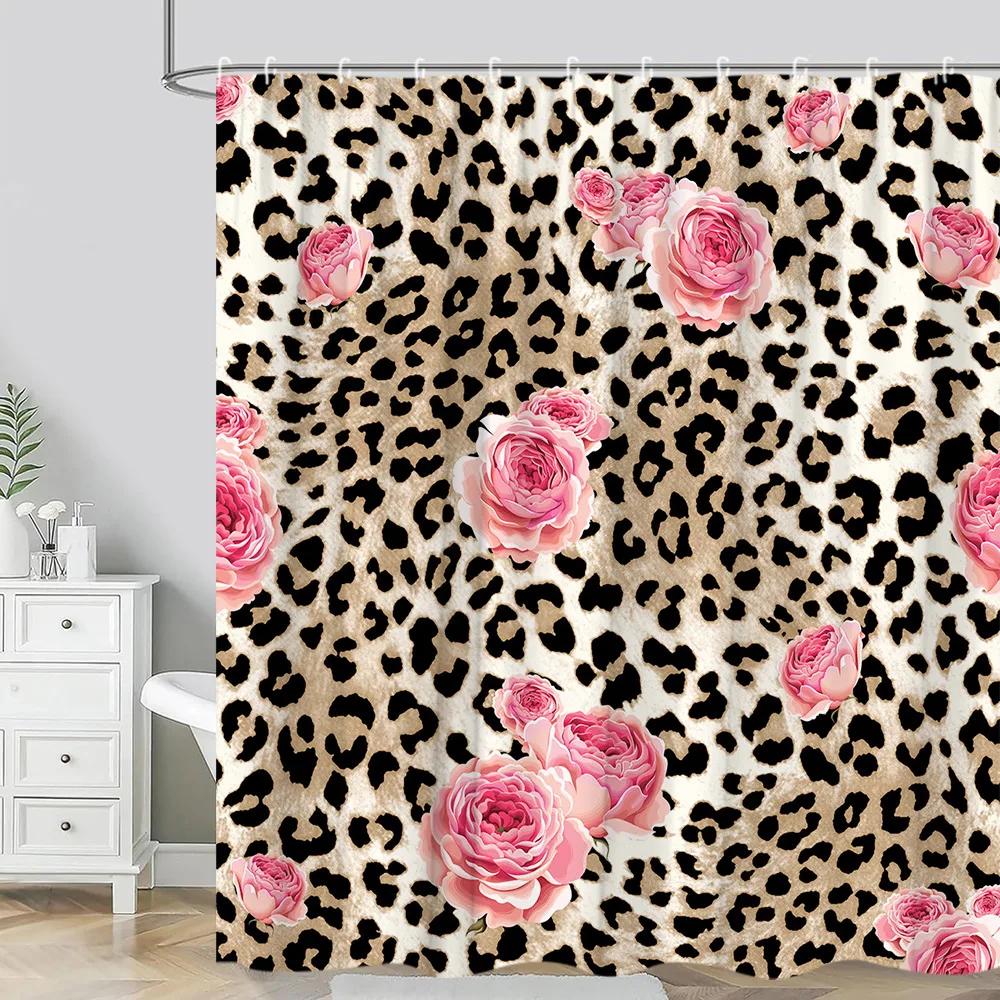 Leopard Textured Shower Curtain, Vintage Striped Brown Floral Creative Geometric Modern Plants Polyester Bathroom Decor Curtain