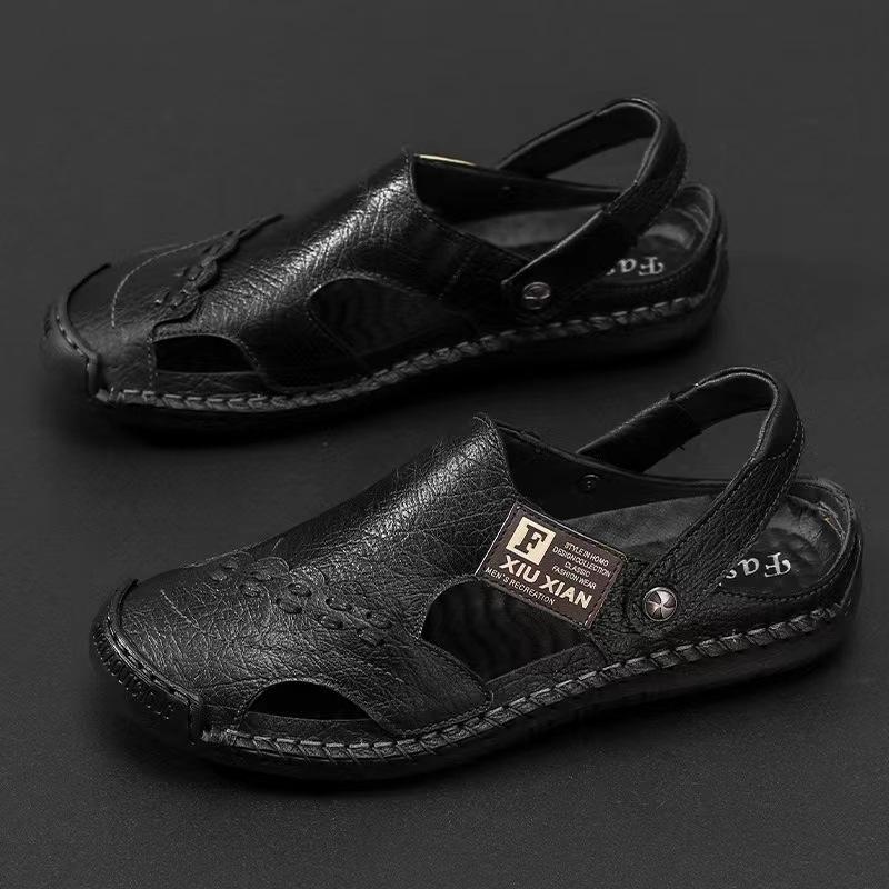Men's Genuine Leather Cross-Border Baotou Sandals: Non-Slip Soft-Soled Shoes, Dual-Purpose Outdoor & Casual Beach Wear.