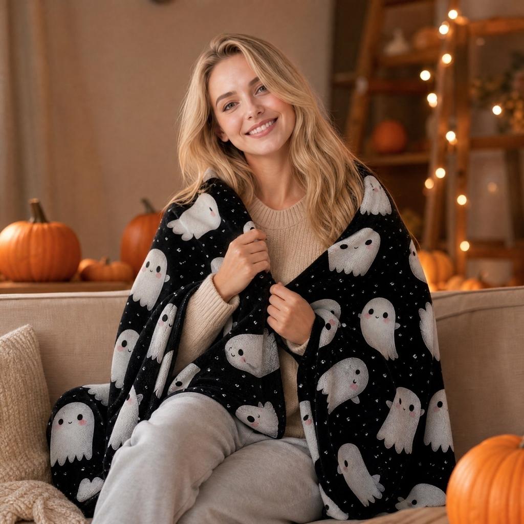 Halloween Flannel Throw Blanket with Pumpkin Print, 100*70 cm, Cozy Sofa Blanket for Home Nap and Holiday Decor