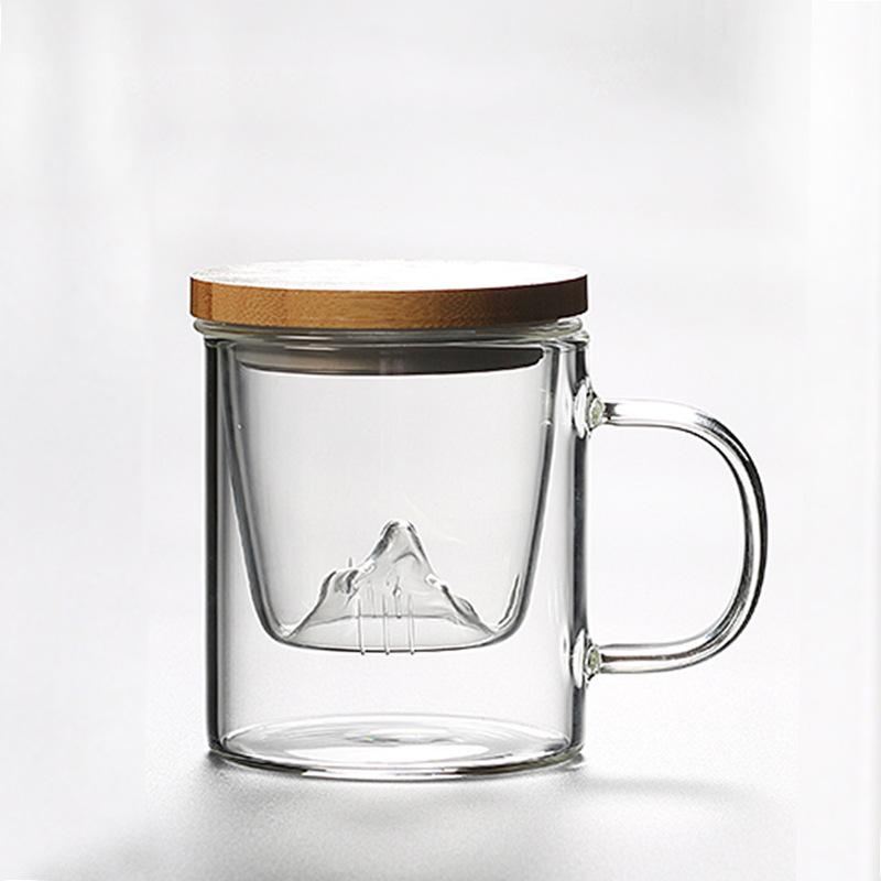 Three piece Cup of High Borosilicate Glass High Temperature-resistant Tea Water Separation Cup Office Bamboo and Wood Cover Filter Guanshan Tea Cup