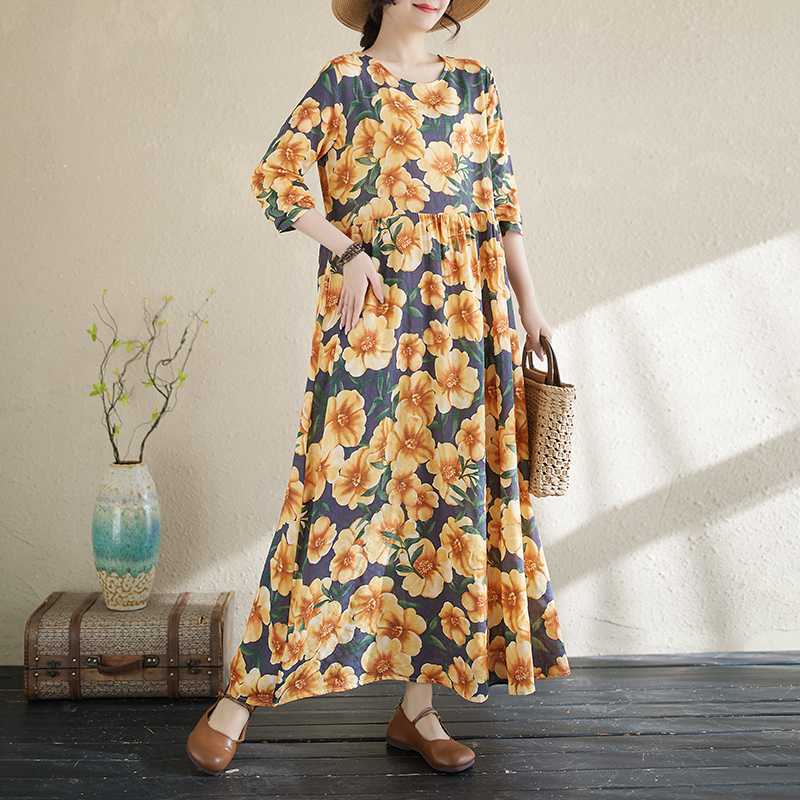 New Floral Vacation Style Travel Round Neck Vintage Long Flesh Covering Dresses