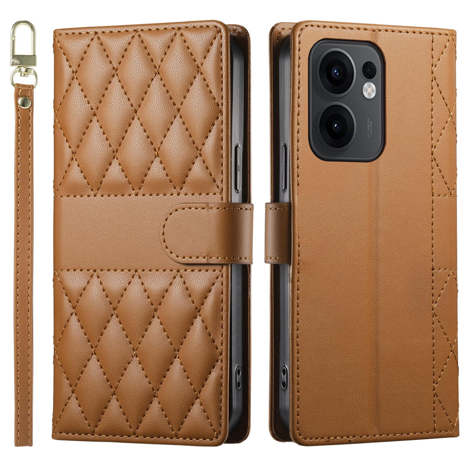 

For Oppo Reno13 F 5G (Reno 13 FS 5G)/4G Case Rhombus Stitching Wallet Stand Leather Phone Cover with Long/Short Strap E