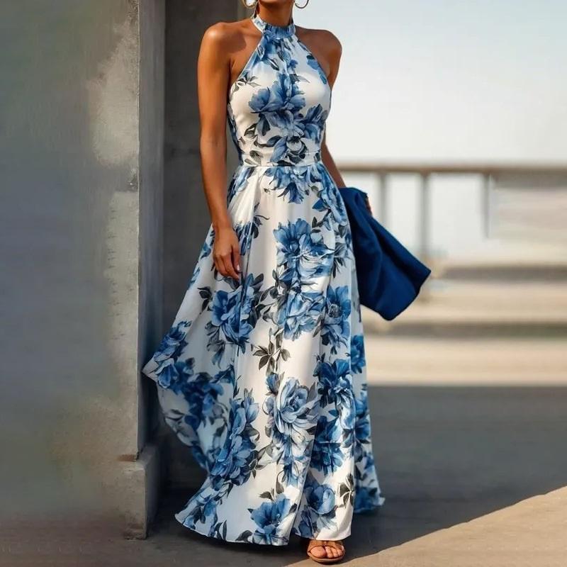 Women Summer Floral Maxi Dress Spaghetti Strap U Neck Sleeveless Long Dress Slim Waist Party Dress Elegant Casual Holiday Outfit