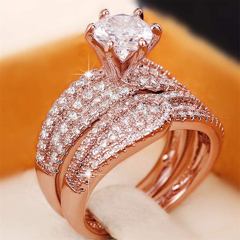 Huitan Classic Luxury 2Pcs Set Rings for Women Gold Color/Silver Color Double Wear Female Finger Rings Wedding Bands Jewelry Hot