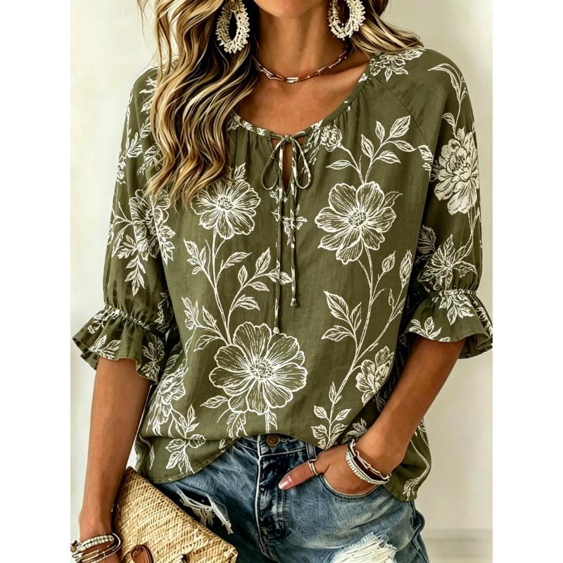 Women's Ditsy Daisy Floral Print Tie Neck Blouse, Ruffle Half Sleeve Light Casual Top for Sweet