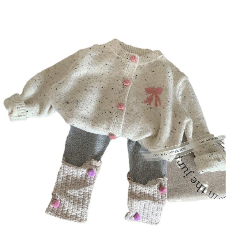 2024 Autumn Korean Kids' Outfit: Girls Bow Knit Cardigan & Leggings Set