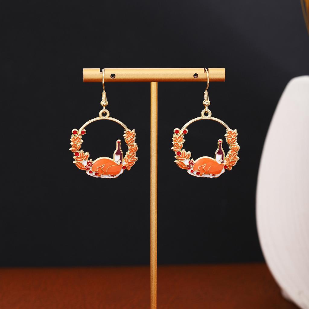 Thanksgiving Fun Cartoon Mushroom House Wreath Turkey Earrings, Personalized Creative Design Sense Colorful Drip Earrings