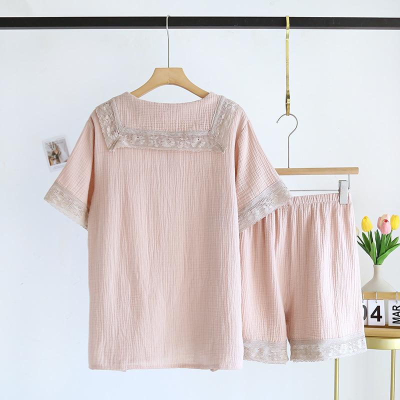 New Japanese Women's Summer Pajamas Set 100% Cotton Crepe Short Sleeve Shorts Two Piece Lace Neck Home Suit Set