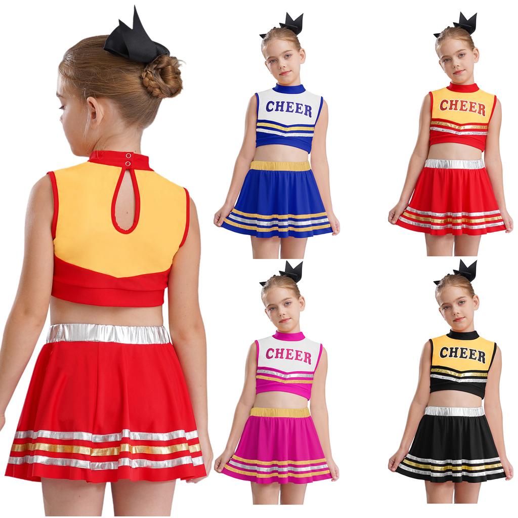 Dziewczęcy crop top bez rękawów z golfem i nadrukiem liter, elastyczny pas, spódnica w paski, zestaw do cheerleadingu i tańca