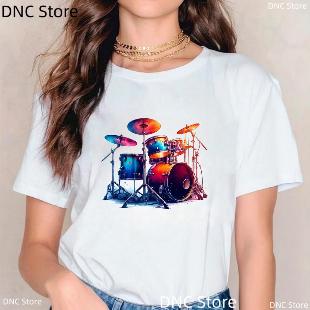 New Women'S Clothing T-Shirt Music Drum Set Graphic Print Female T Shirt Fashion Music Enthusiast Tshirt Creative Birthday Gift