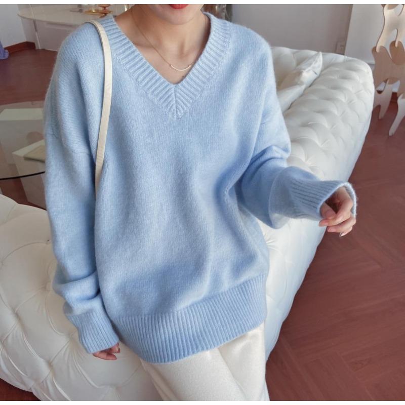 Mohair Gentle Jumper Sweater Women's Fall and Winter V-neck Pullover Loose Lazy Wind Soft Knitted Long-sleeved Blouse