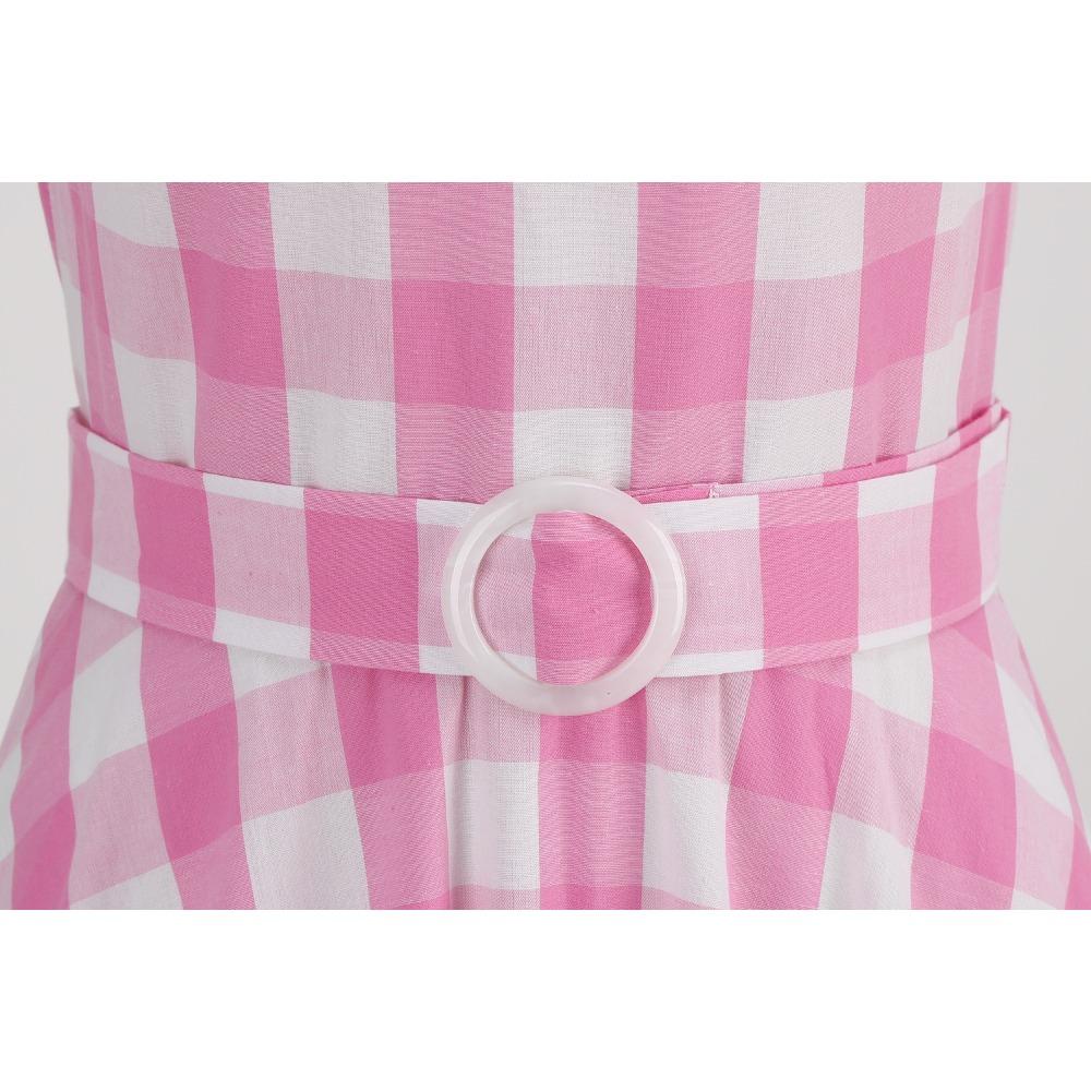 Women’s Strappy, Sexy deep-V Neckline Pink Checked Vintage Dress
