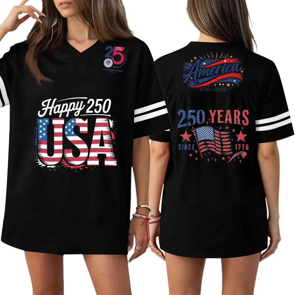 Damska Codzienna Modna Koszulka Sportowa z Dekoltem V z Nadrukiem na Dzień Niepodległości Krótkim Rękawem Top