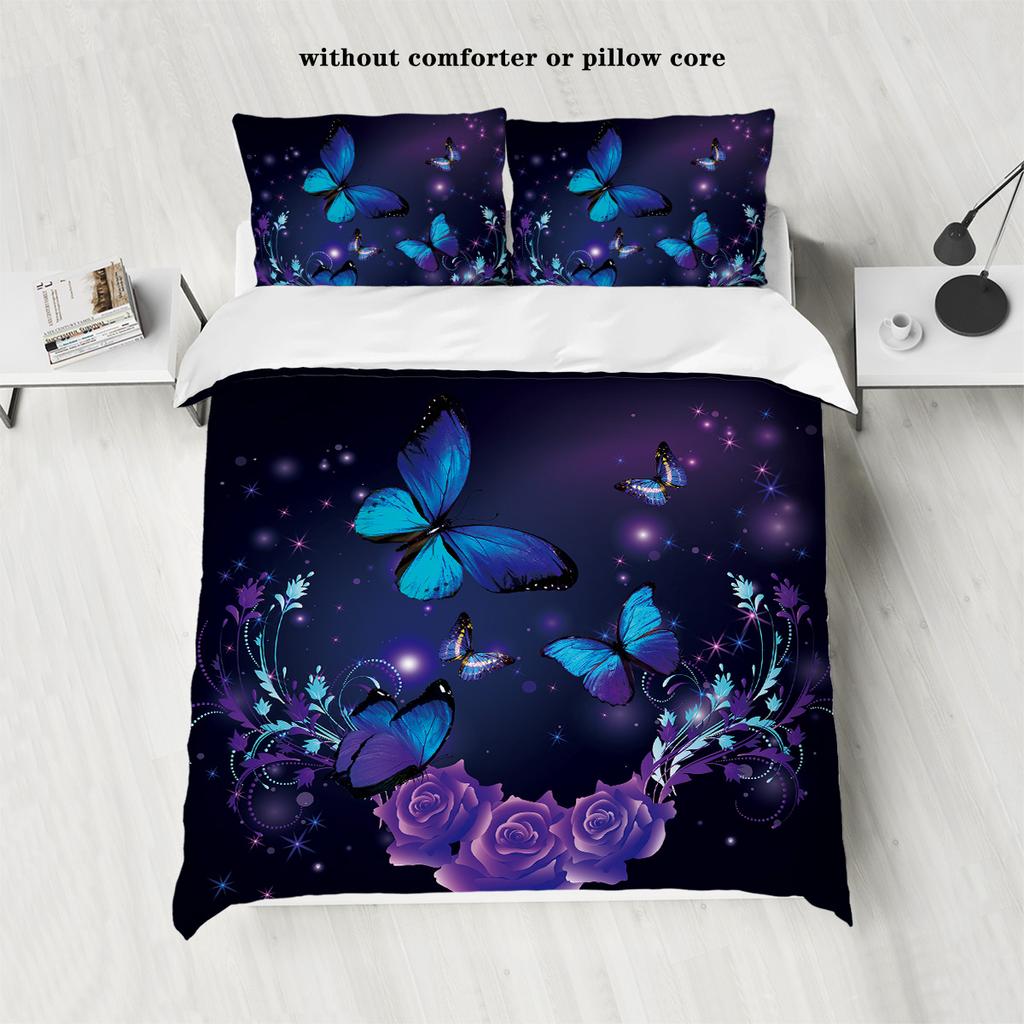 3-piece down duvet cover set with purple butterfly and rose pattern print (1 duvet cover+2 pillowcases, no core) bedding set