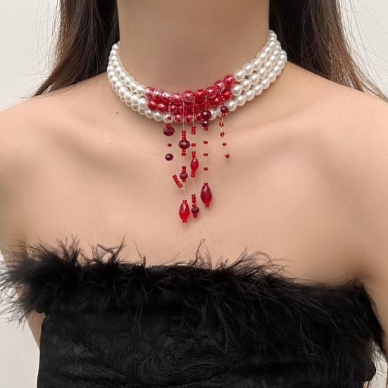 Gothic Necklace Blood Drop Charms Necklace Faux Pearl 3 Layer Chocker Necklace with Beaded Tassel for Halloween Horror Themed Parties Role-Playing