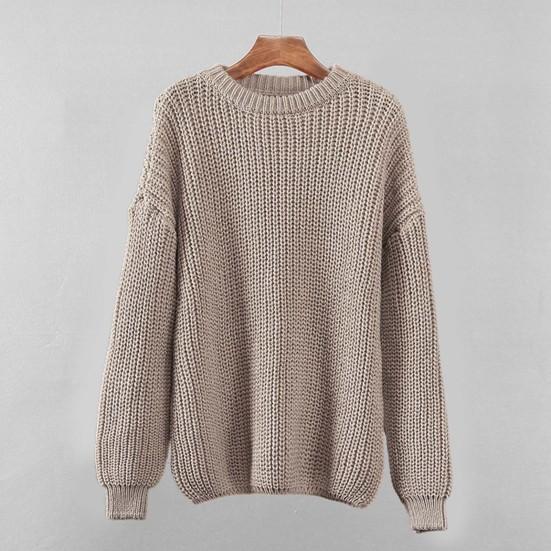 O-Neck Long Sleeve Knitted Sweater Ribbed Edge Solid Color Coarse Yarn Women Sweater Female Clothing