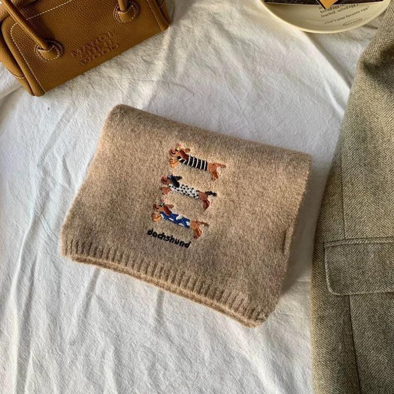 Niedlicher Welpe Neu Gestrickter Drei Dackel Bestickter Woll-Wollschal für Damen im Herbst und Winter Weich und Vielseitig