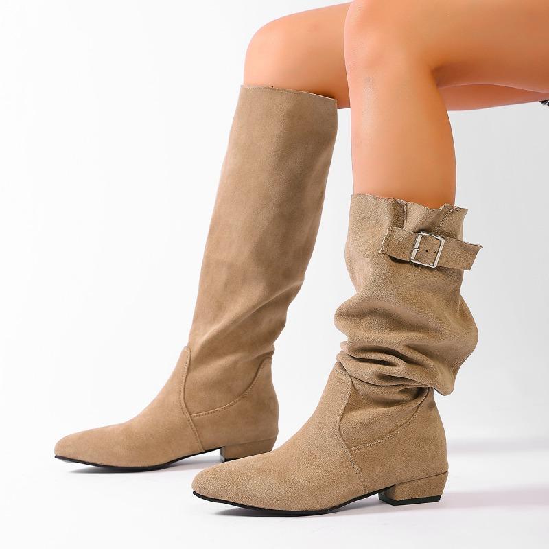 Retro Pointed Toe Stack Boots Women's New Fashion Metal Buckle Soft Slip Anti-slip Thigh Boots
