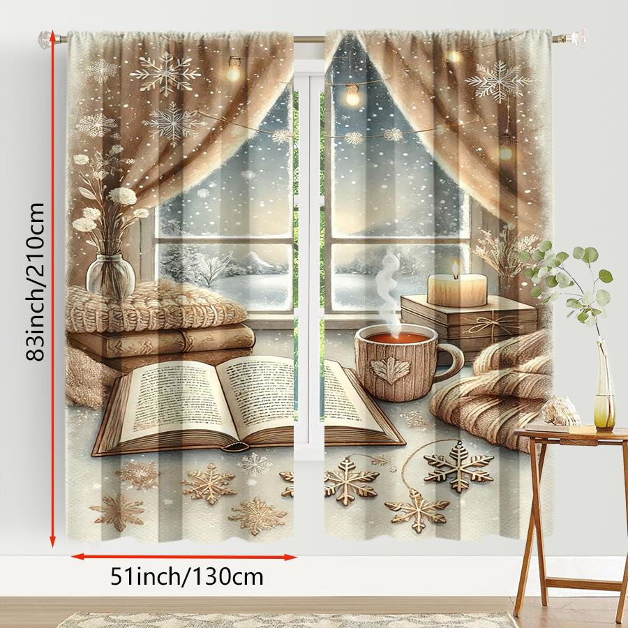 2PCS Digital Print Curtains, Cozy Window Coffee Cup Christmas Pattern, Warm Hygge Style for Xmas Holiday Season Home Decor