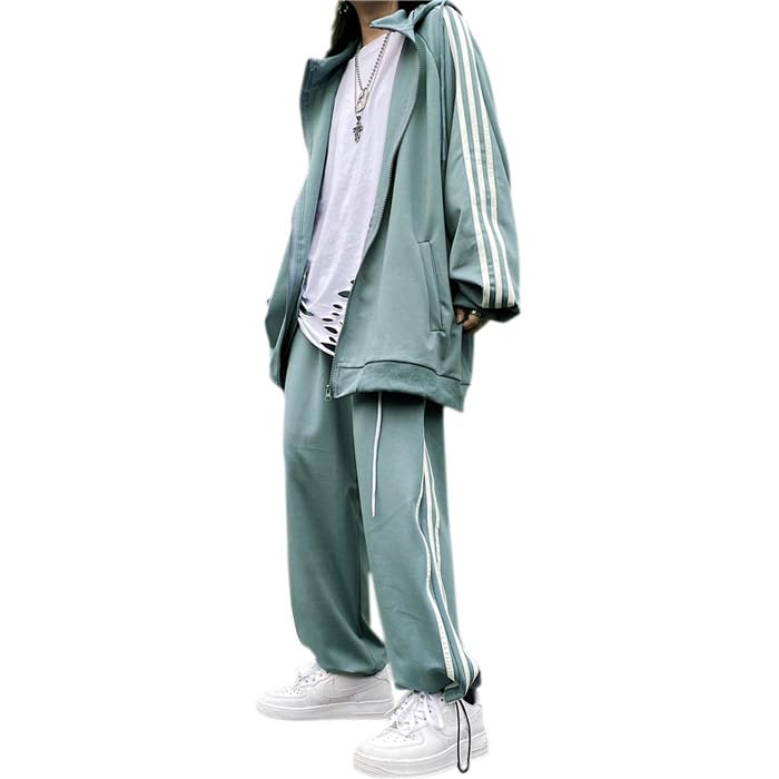 

RomelCheo Lined Jersey Long Top and Bottom Hooded Loose Side Stripe Stylish Jersey for Men and Street Harajuku Blue Letter Casual Light Blue Set,