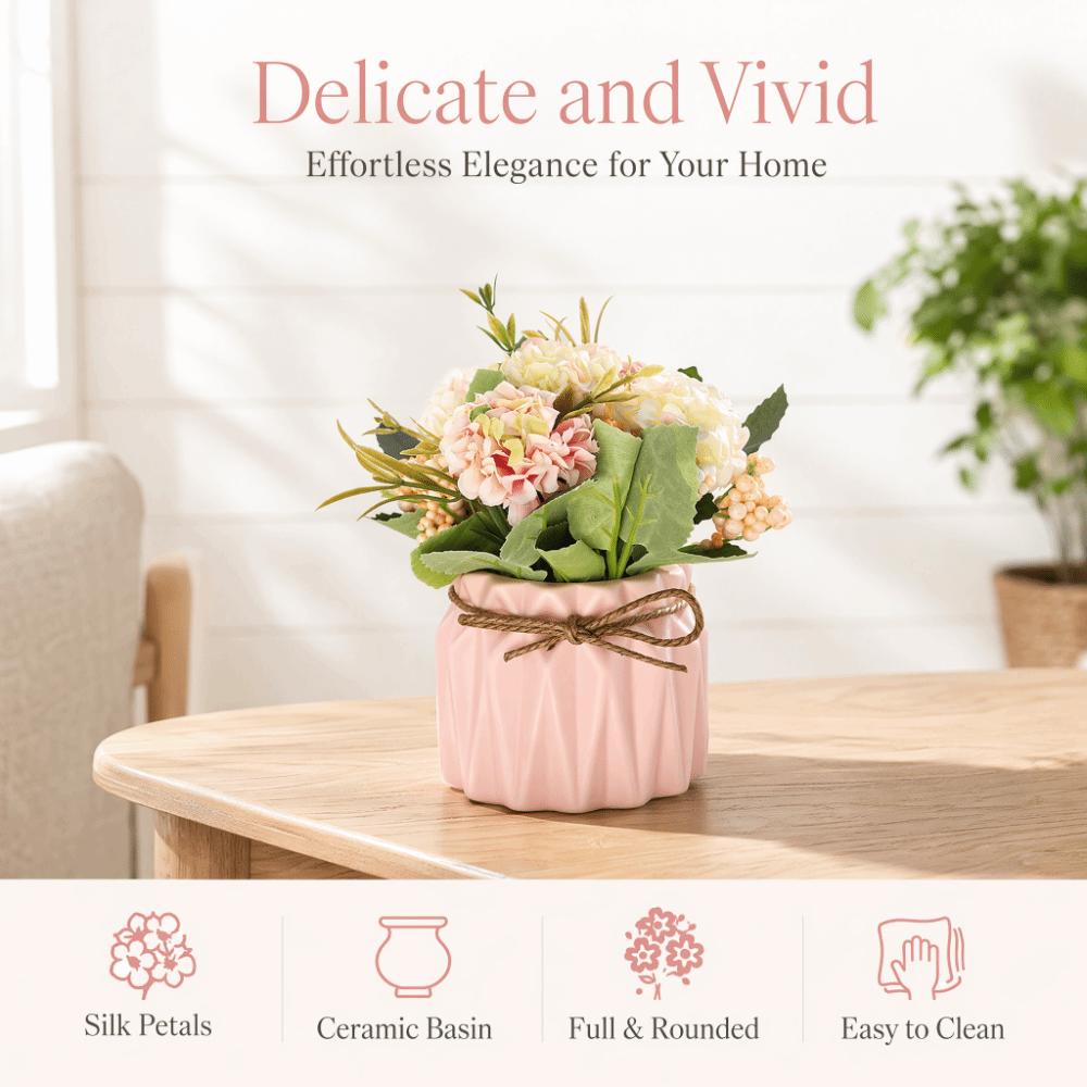 Silk Flower Fabric Flower Ceramic Pot Tabletop Ornament 5.71in Potted Flower Hydrangea Styled Potted Desktop Decor