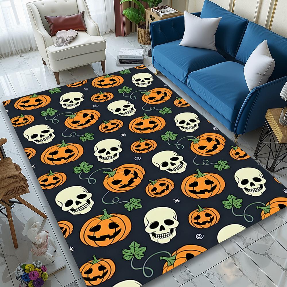 Halloween Themed Crystal Velvet Area Rug - Large Polyester Skull and Pumpkin Pattern Floor Mat for Living Room, Bedroom, Game Ro