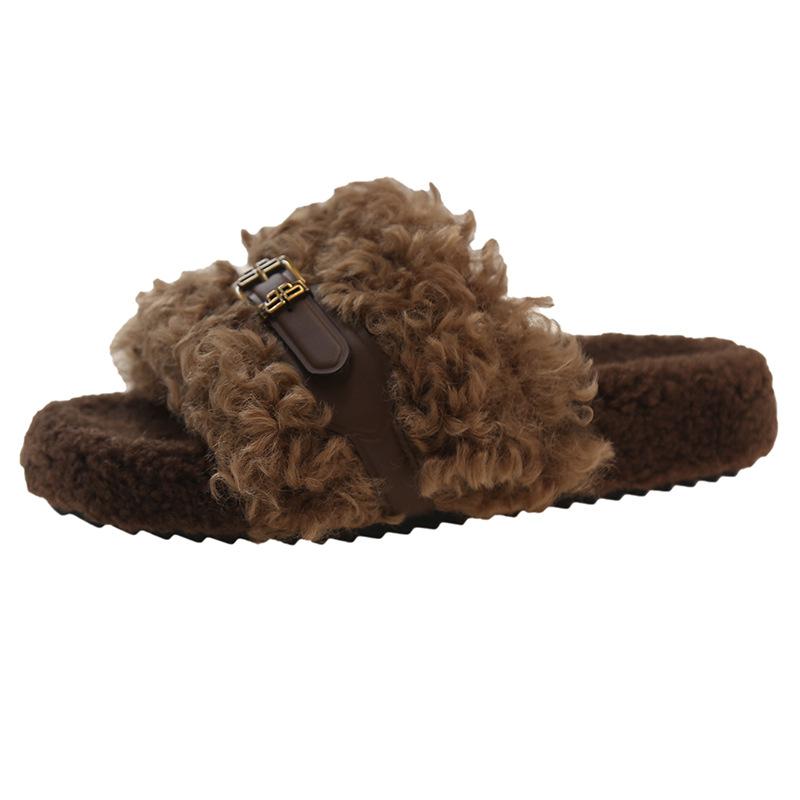 

Fashion 2025 Luxury Lambswool Slide Shoes Woman Thick Sole Buckle Belt Plush Slipper Ladies Winter Curly Teddy Fur Platform Mule Sandals 35 коричневый