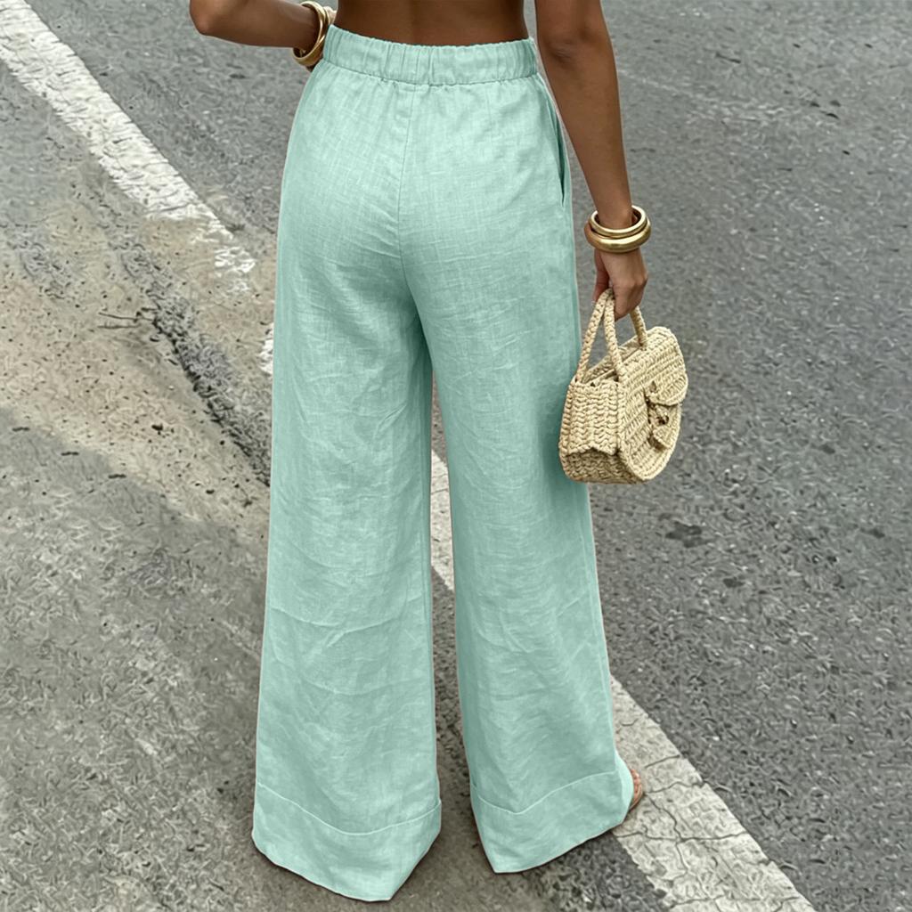 Women’s Wide Leg Linen Drawstring Pants Loose Fit Elastic Waist Trousers with Pockets for Casual Daily Wear