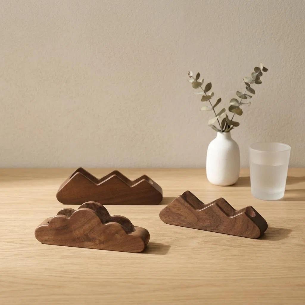 Solid Black Walnut Business Card Holder - Men's Desk Stand & Wooden Gift Box Storage
