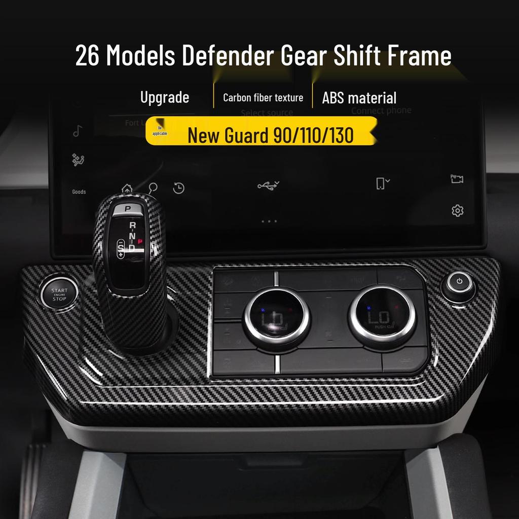 Fits 26 Land Rover Defender models: Gear Shift Frame, Lever Head, Center Console, and Air Conditioning Panel Decorative Stickers.