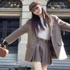Autumn/Winter 2025 Korean Style Woolen Suit with Pleated Skirt - Herringbone Pattern Two-Piece Set