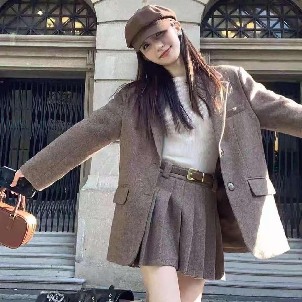 Autumn/Winter 2025 Korean Style Woolen Suit with Pleated Skirt - Herringbone Pattern Two-Piece Set